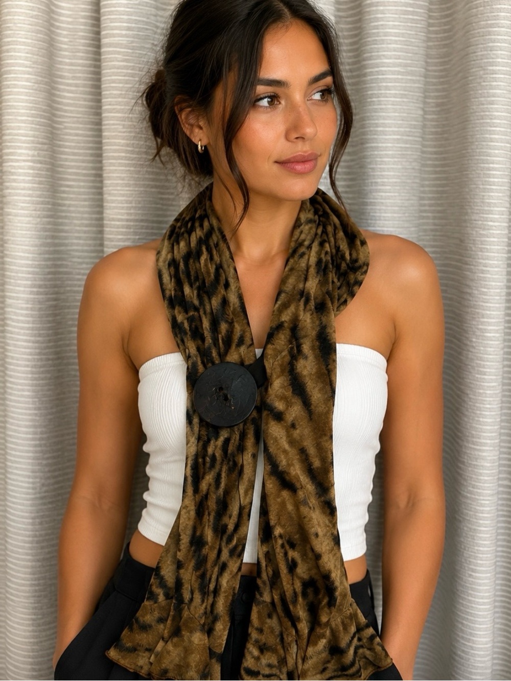 🐆 LALA Originals Brown & Black Animal Print Scarf Wrap Statement Button Accent